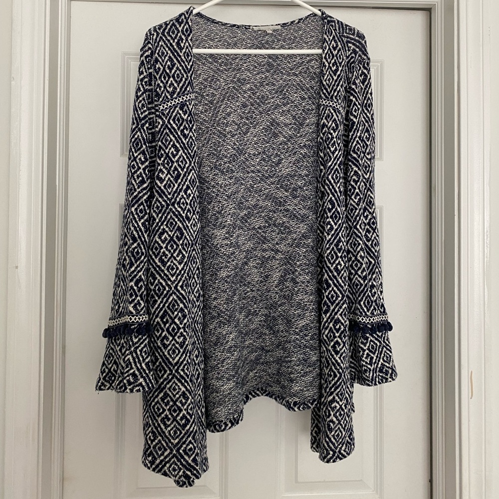 Blue & White Mid-Length Geometric Cardigan